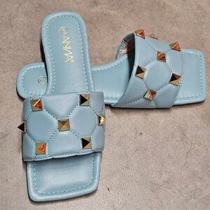 Quilted Sky Blue Slide Sandals With Gold Studs Square Toe Casual Flat Design For